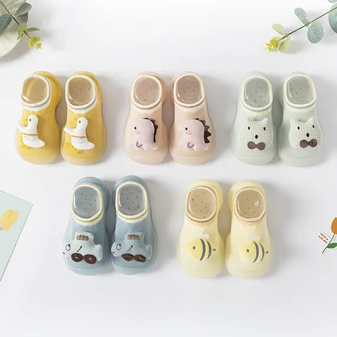 Toddler Floor Socks Shoes Silicone Soft Sole Anti-Slip Walking Shoes Breathable Cotton Knit Cartoon Animal Style For Baby