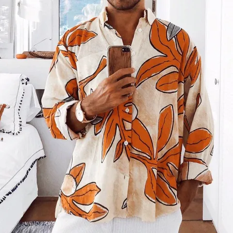 Herren Lässiges Hemd Mit Tropischem Aufdruck Langarm Strand Hawaiihemd Ahornblatt Zitrone Muster Top