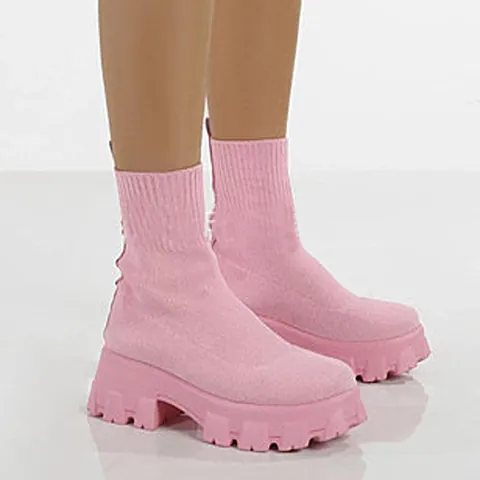 Women Knit Sock Boots Chunky Sole Breathable Fly Weaving Mid Tube Snow Boots For Winter Casual Fashion Shoes