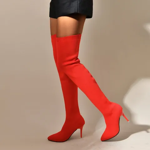 Γυναικείες Μπότες Πάνω από το Γόνατο Fashion Στιλέτο Fly-Knit Ελαστικές Μπότες Κάλτσα Μυτερή Μύτη Ψηλοτάκουνες Μπότες