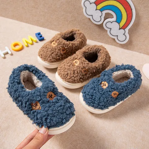 Toddler Kids Winter Plush Slippers Cute Bear Bowknot Decoration Indoor Anti-Slip Warm Fleece Cotton Shoes Boys Girls Home Footwear