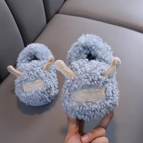 Kids Cute Sheep Cotton Slippers Winter Warm Plush Full Heel Indoor Non-slip Shoes For Boys Girls Toddler Home Slippers