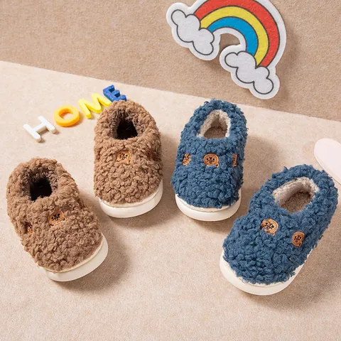 Toddler Kids Winter Plush Slippers Cute Bear Bowknot Decoration Indoor Anti-Slip Warm Fleece Cotton Shoes Boys Girls Home Footwear