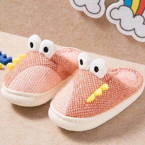 Kids Cartoon Dinosaur Cotton Slippers Winter Warm Plush Lined Anti-Slip Indoor House Shoes For Boys Girls