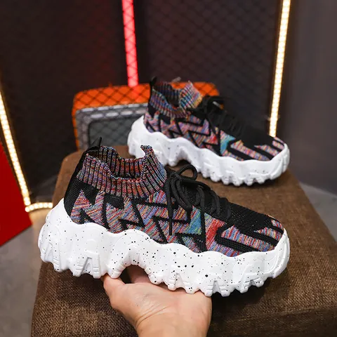 Women Chunky Sneakers Breathable Flyknit Sock Shoes Thick Sole Contrast Color Platform Sporty Casual Dad Shoes For Women