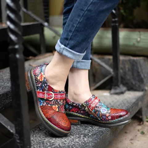 Vintage Ethnic Style Women Genuine Leather Flat Shoes Hand-Colored Floral Pattern Round Toe Comfortable Casual Loafers