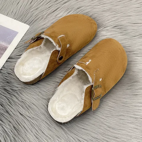 Women Men Winter Warm Fleece Lined Clogs Faux Suede Mules Retro Cork Midsole Metal Buckle Casual Slip On Shoes House Slippers