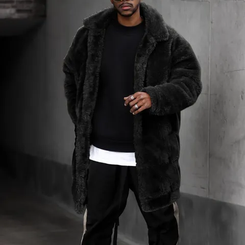 Cappotto in Pelliccia Sintetica da Uomo Ispessito Media Lunghezza Giacca in Peluche Vestibilità Larga Revers Monopetto Inverno Caldo