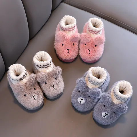 Kinder Indoor Baumwollhausschuhe Plüsch Warm Cartoon Tierohren Gerippte Knöchel Winterhausschuhe Für Kleinkinder