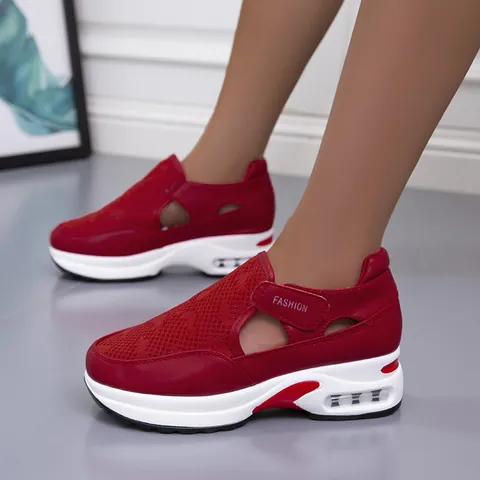 Women Casual Sporty Sneakers Hollow Out Breathable PU Leather Platform Shoes Air Cushion Mid Heel Lightweight Footwear