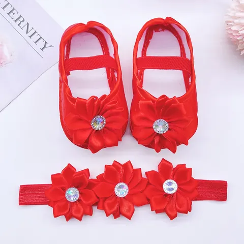 Baby Girl Princess Shoes Headband Net Cloth Satin Flower Rhinestone Soft Sole Pre-walker Newborn Infant Baptism Party Shoes