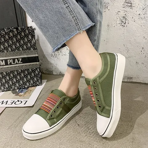 Women Canvas Loafers Rainbow Elastic Slip On Flat Shoes Round Toe Breathable Patchwork Casual Sneakers Spring Autumn Walking Shoes