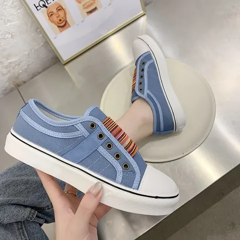 Women Canvas Loafers Rainbow Elastic Slip On Flat Shoes Round Toe Breathable Patchwork Casual Sneakers Spring Autumn Walking Shoes