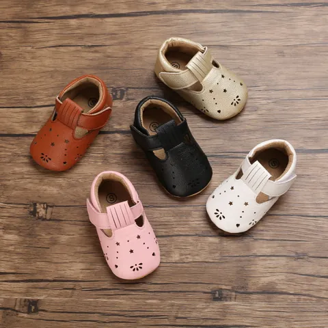 Infant Baby First Walkers Casual Artificial PU Hollow Out Stars T-Strap Tassel Non-slip Soft Sole Princess Shoes For Toddler