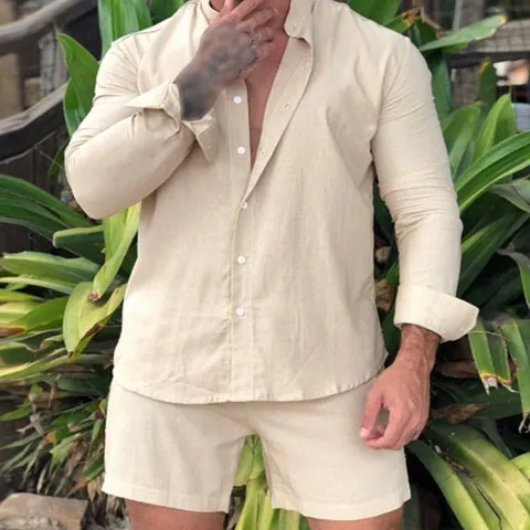 Completo da Uomo Casual in Cotone a Tinta Unita Camicia a Maniche Lunghe e Pantaloncini Sopra e Sotto Estate