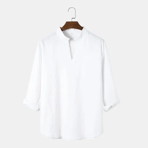 Men's Casual Cotton Shirt Long Sleeve V-Neck Loose Solid Color Vintage Workwear Shirt With Patch Pocket Non-Iron Top