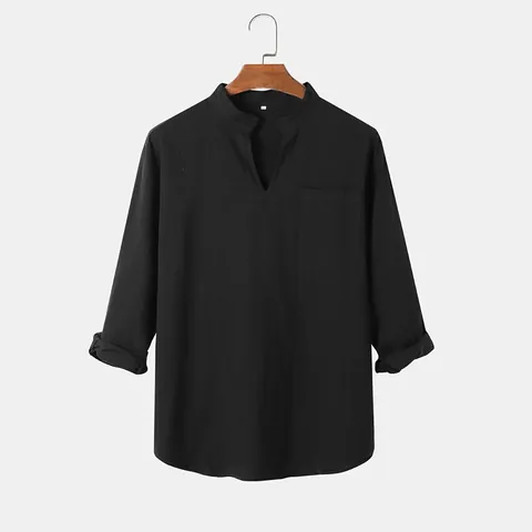 Men's Casual Cotton Shirt Long Sleeve V-Neck Loose Solid Color Vintage Workwear Shirt With Patch Pocket Non-Iron Top