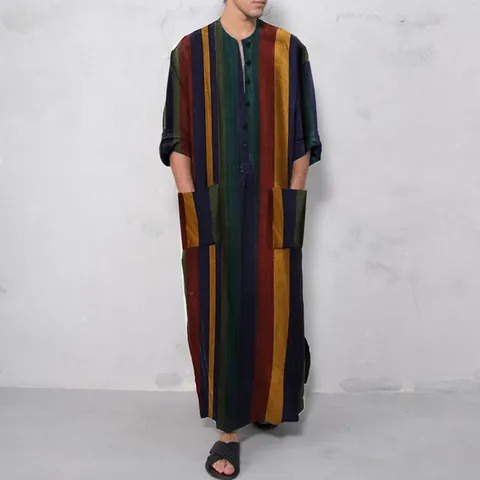 Men's Exotic Style Striped Printed Long Sleeve Robe Retro Casual Cotton Blend Kaftan Thobe Loungewear Middle East Ethnic Top