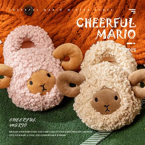 Toddler Kids Cute Cartoon Sheep Plush Slippers Winter Warm Faux Lambswool House Shoes Indoor Full Cover Heel Slippers