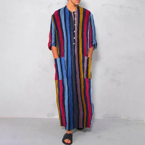 Men's Exotic Style Striped Printed Long Sleeve Robe Retro Casual Cotton Blend Kaftan Thobe Loungewear Middle East Ethnic Top