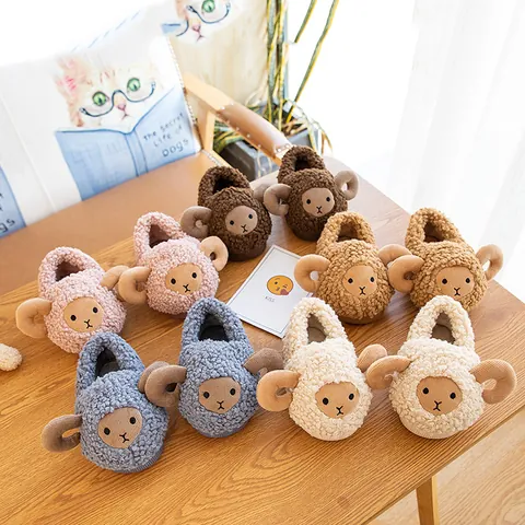 Toddler Kids Cute Cartoon Sheep Plush Slippers Winter Warm Faux Lambswool House Shoes Indoor Full Cover Heel Slippers