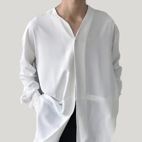 Camicia da Uomo a Maniche Lunghe Asimmetrica Finto Due Pezzi Collo alla Coreana Casual Ampia in Poliestere Traspirante Tinta Unita