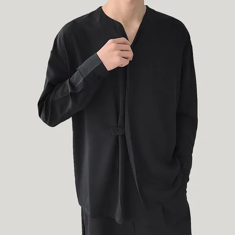 Camicia da Uomo a Maniche Lunghe Asimmetrica Finto Due Pezzi Collo alla Coreana Casual Ampia in Poliestere Traspirante Tinta Unita