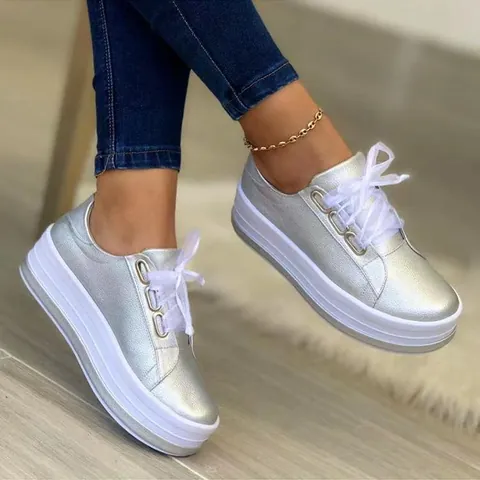 Women's Casual Platform Shoes Lace-up Metallic PU Leather Round Toe Fashion Low Top Sneakers Plus Size For Daily Wear