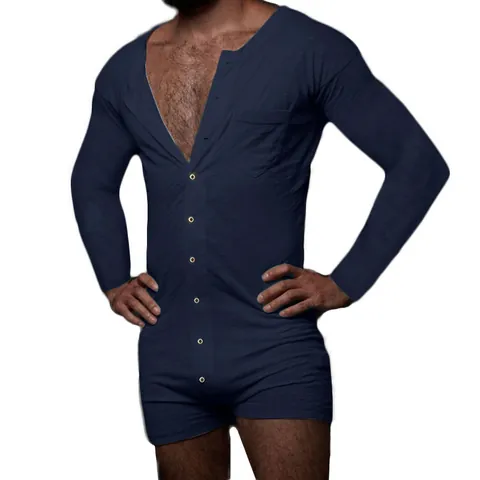 Men's Sexy Tight Long Sleeve Romper Loungewear Solid Color Button Henley Neck Union Suit With Pocket Polyester Home Wear