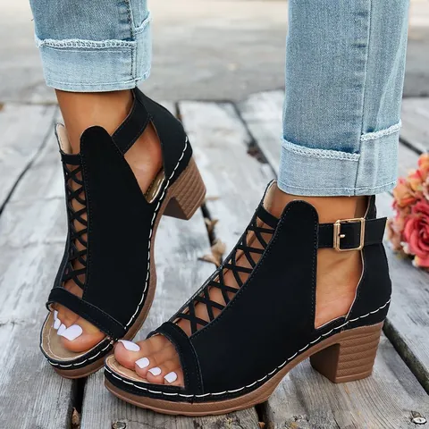 Women's Roman Style Block Heel Gladiator Sandals Peep Toe Ankle Strap Buckle Summer Outdoor Casual Strappy Sandals