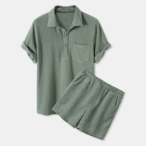 Set 2 Pezzi Uomo in Maglia a Nido d'Ape Casual Plaid Camicia a Maniche Corte e Pantaloncini Completo Estivo