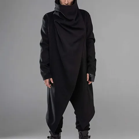 Men's Cowl Neck Cloak Coat Irregular Hem Long Sleeve Punk Style Polyester Windbreaker Streetwear Outerwear For Autumn Winter