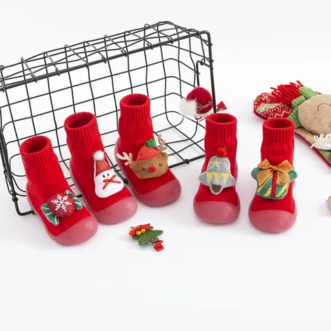Calze Scarpe di Natale per Neonati Inverno Caldo Spugna Ispessita con Suola in Gomma Morbida Cartone Animato Pupazzo di Neve Renna per Bambini