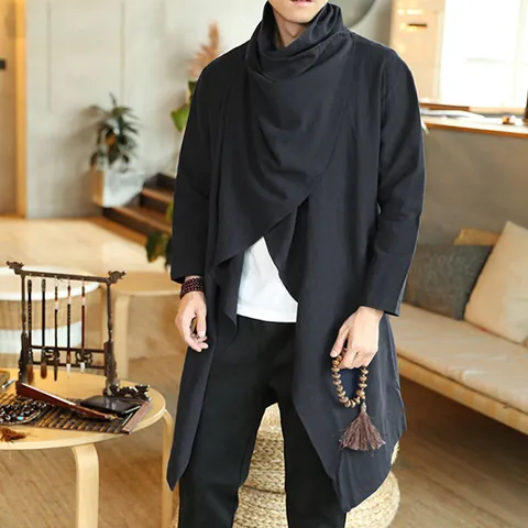 Men Long Cape Cloak Windbreaker Open Front Cardigan Cotton Knitted Hooded Jacket Asymmetric Fashion Gothic Streetwear Outerwear