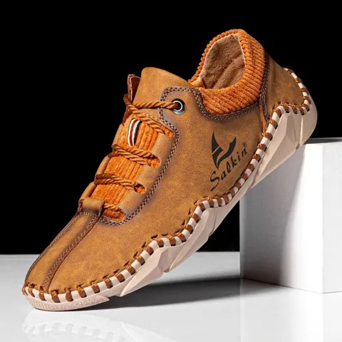 Salkin Men's Casual Leather Shoes Hand-stitched Retro Loafers Microfiber Leather Breathable Outdoor Hiking Fashion Sneakers Men Flat Shoes
