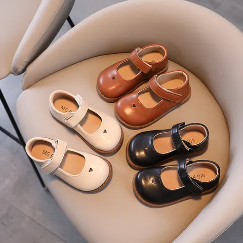 Toddler Girls Mary Jane Shoes Heart Cutout Preppy Style Princess Flats PU Leather Non-slip Soft Sole Walking Shoes For Kids