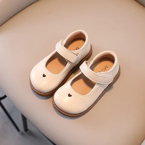 Toddler Girls Mary Jane Shoes Heart Cutout Preppy Style Princess Flats PU Leather Non-slip Soft Sole Walking Shoes For Kids