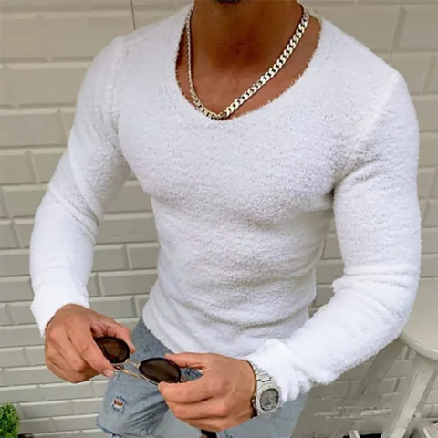 Pull en Tricot à Manches Longues et Col en V pour Hommes Coupe Ajustée Couleur Unie Velours Double Face Doux Respirant Top