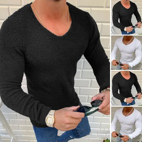 Pull en Tricot à Manches Longues et Col en V pour Hommes Coupe Ajustée Couleur Unie Velours Double Face Doux Respirant Top