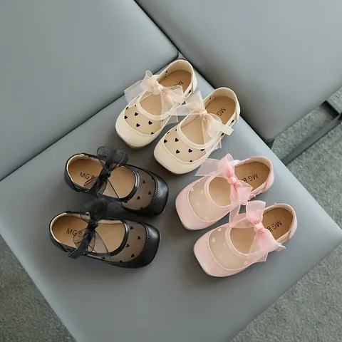 Meisjes Prinses Schoenen Ademend Mesh Strik Hart Print Platte Schoenen Koreaanse Stijl Peuter Kinderen Schoenen Herfst