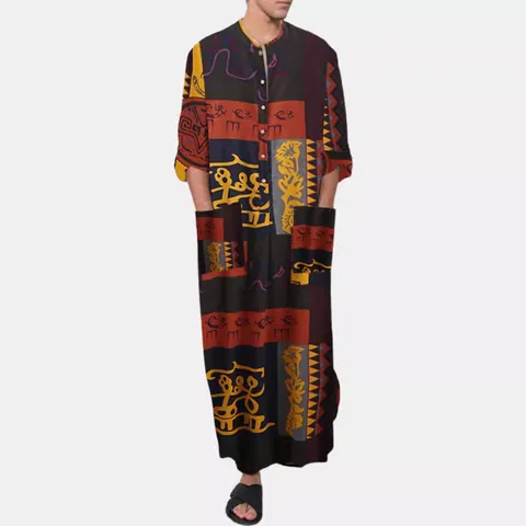 Men's Ethnic Print Cotton Kaftan Robe Long Sleeve Loose Casual Thobe With Oracle Bone Elephant Graphic Pattern Retro Loungewear