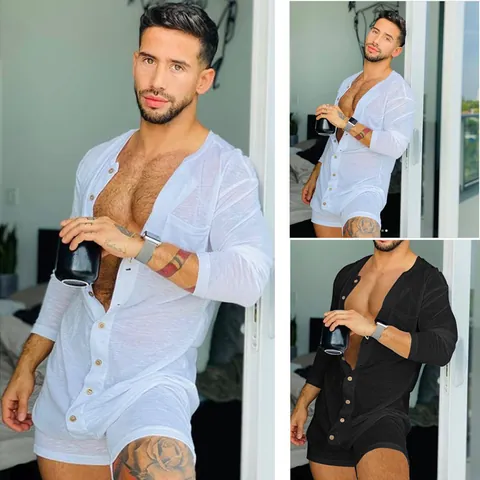 Men Sexy Solid Color Tight Romper Long Sleeve Button Front Loungewear Polyester Knitted Bodycon Onesie Jumpsuit Home Wear