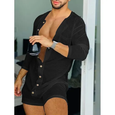 Men Sexy Solid Color Tight Romper Long Sleeve Button Front Loungewear Polyester Knitted Bodycon Onesie Jumpsuit Home Wear