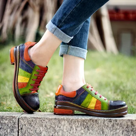Dames Handgemaakte Schapenvacht Schoenen Meerkleurig Patchwork Vintage Boheems Etnisch Ronde Neus Veterschoenen Casual Loafers