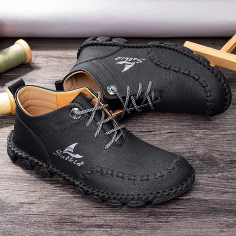 Salkin Men's Hand-Stitched Martin Boots Microfiber Leather Mid-Top Work Boots Outdoor Casual Non-Slip Retro Boots