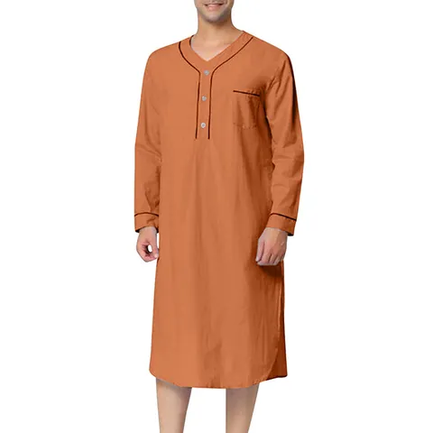 Men Ethnic Style Long Sleeve Robe Loose Stand Collar Solid Color Loungewear V-Neck Henley Sleepwear Soft Polyester Kaftan Robe