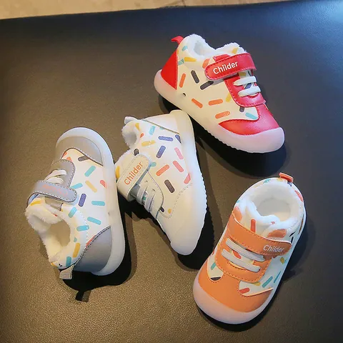 Toddler Winter Walking Shoes Warm Fleece Lined Non-Slip Magic Tape Closure Synthetic Leather First Walkers For Baby Boys Girls