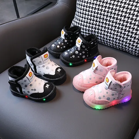 Toddler LED Light Up Snow Boots Winter Warm Plush Lining Polka Dot Anti Slip Soft Sole Outdoor Shoes