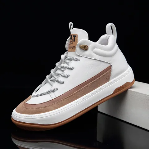 Men's Genuine Leather High Top Sneakers Japanese Retro Asymmetric Clown Shoes Breathable White Patchwork Streetwear Board Shoes