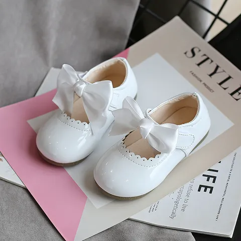 Toddler Girls Princess Shoes Patent Leather Bow Mary Jane Shoes Scalloped Edge Party Dress Shoes Non-Slip Dance Shoes For Kids